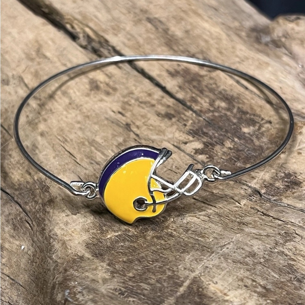 Purple & Gold 8” Silver Tone Football  Helmet Bangle Bracelet ~Sports Fashion